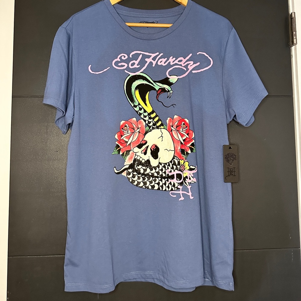 Ed Hardy Blue Snake Skull Rose Design Tshirt (With Tag)